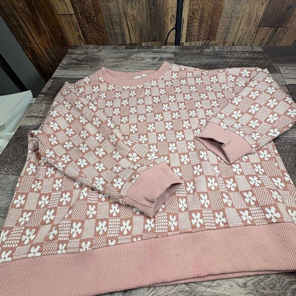 Tullabee Pink & White Checkerboard Floral Knit Sweatshirt - Picture 1 of 4